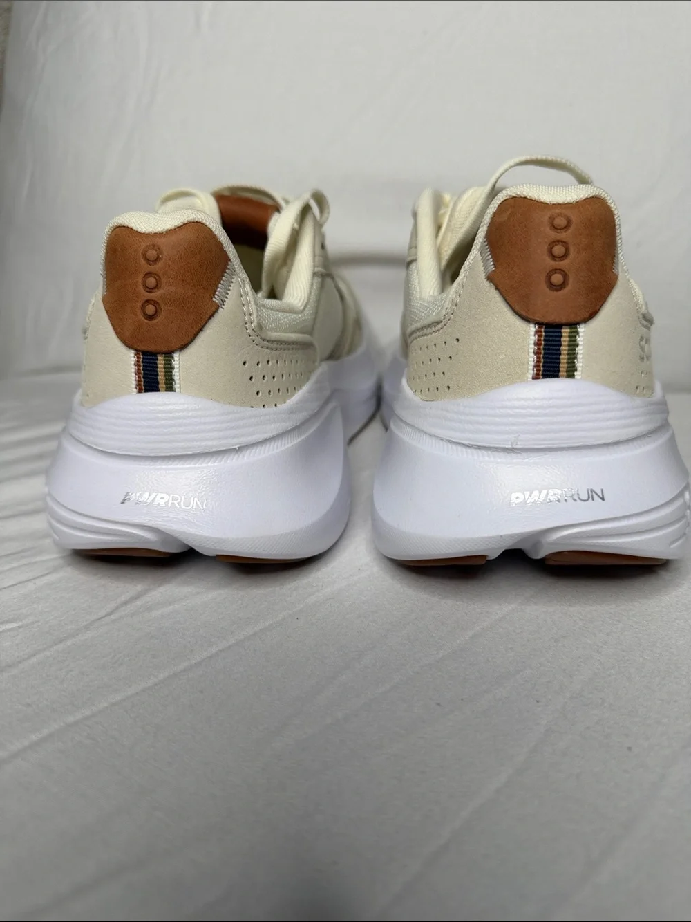 Saucony PWRrun Cream White Athletic Sneakers with Tan Accents